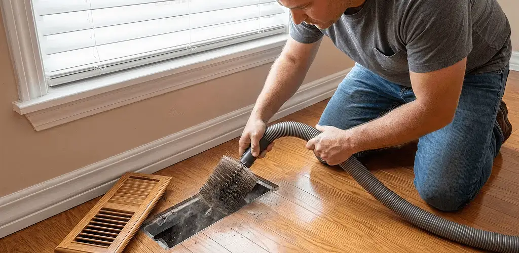 Air duct cleaning technician vacuuming a floor vent and duct opening in Dayton, OH