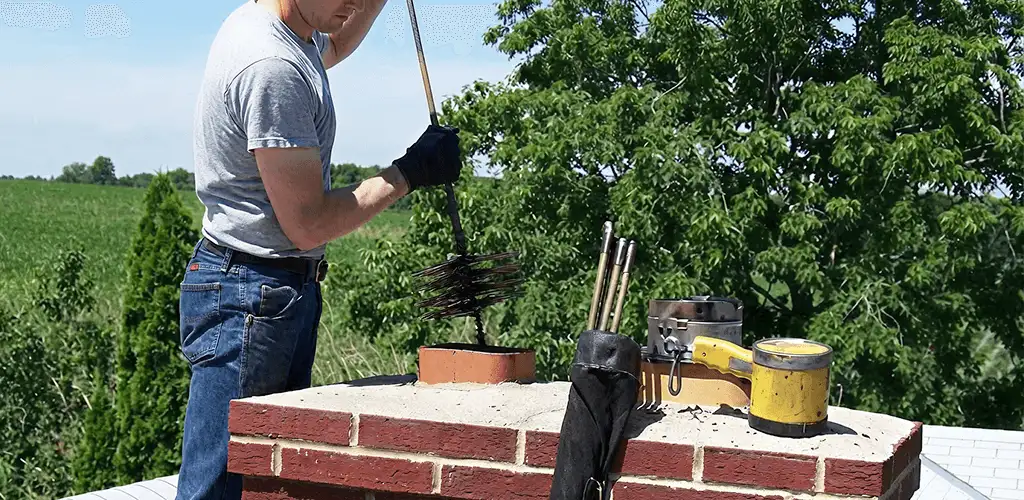 Chimney cleaning technician working on a rooftop chimney with professional tools in Dayton, OH