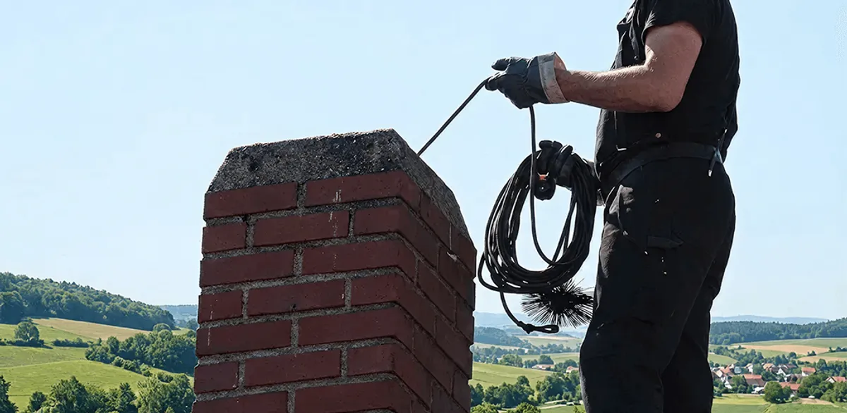 Chimney sweep inspecting and cleaning a rooftop chimney in Dayton, OH