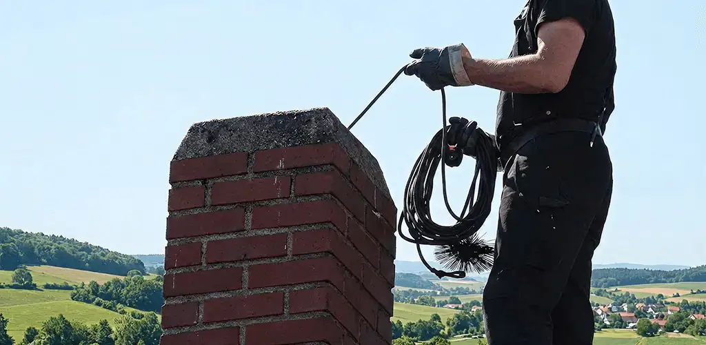 Chimney sweep inspecting and cleaning a rooftop chimney in Dayton, OH