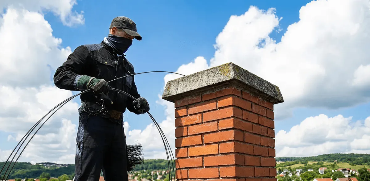 Chimney sweep cleaning a brick chimney with professional tools in Dayton, OH