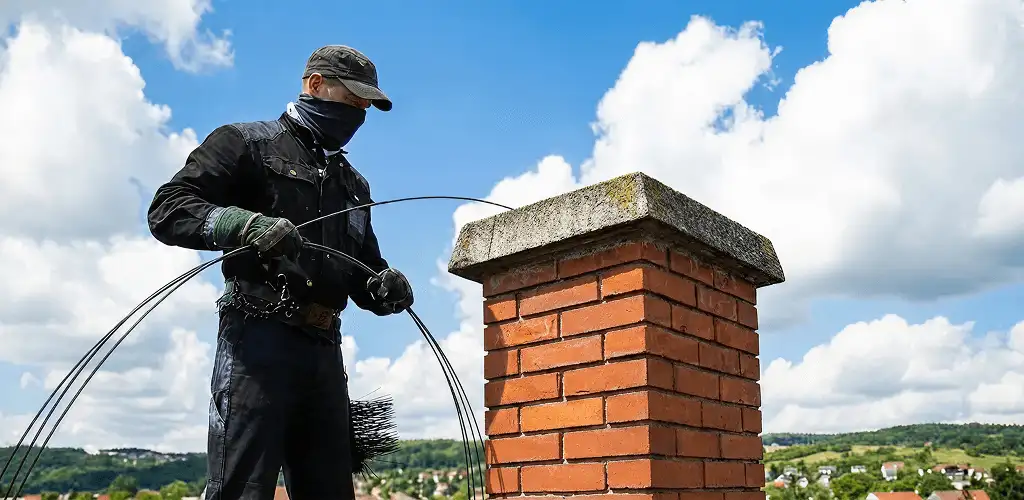 Chimney sweep cleaning a brick chimney with professional tools in Dayton, OH