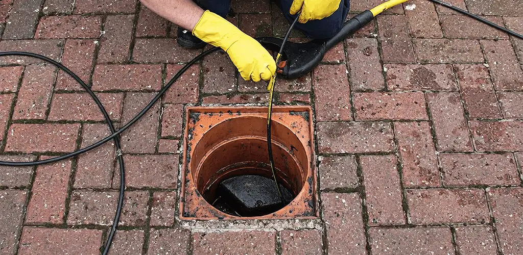 Drain cleaning technician using a drain snake to clear a clogged drain in Dayton, OH