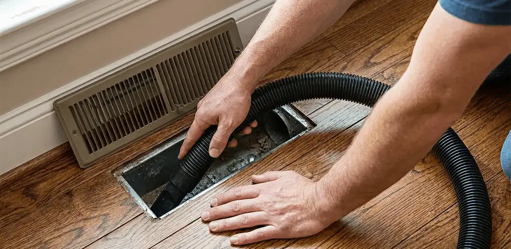 Air duct cleaning technician vacuuming a floor register and duct opening in Dayton, OH