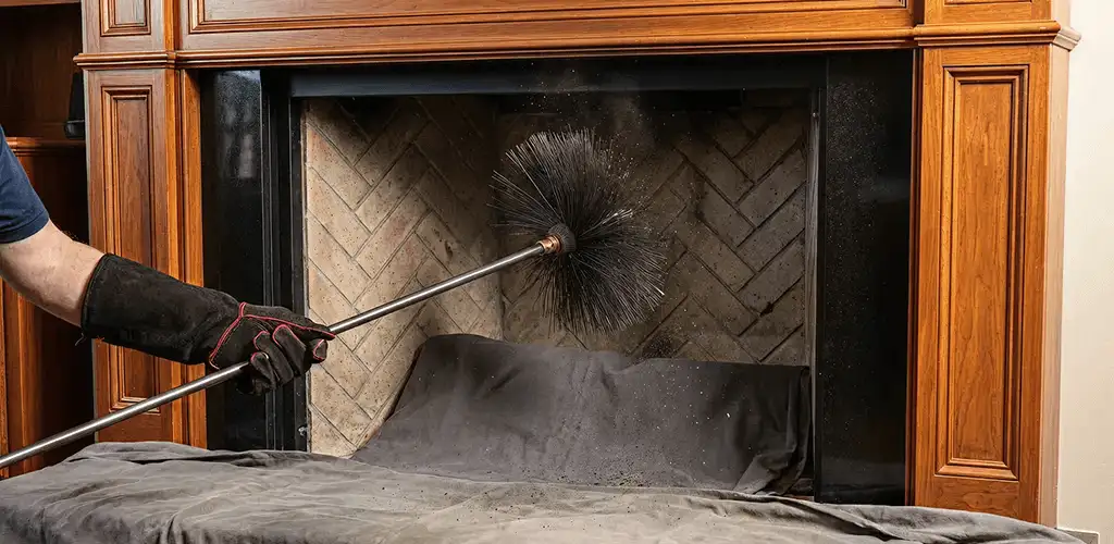 Chimney cleaning service brushing soot from a fireplace and flue in Dayton, OH
