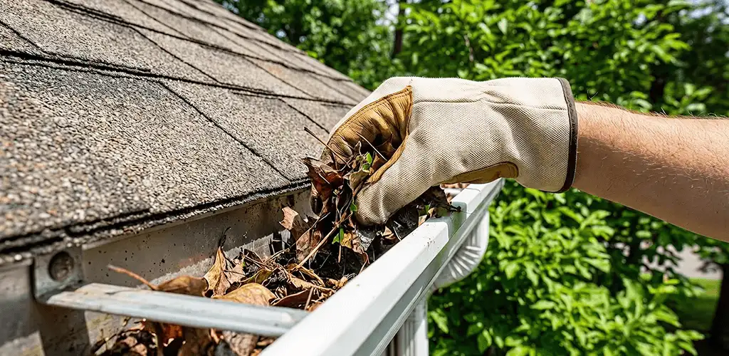 Gutter cleaning removing leaves and debris from roof gutters in Dayton, OH