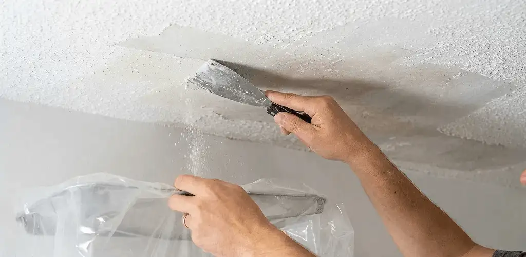Popcorn ceiling removal technician scraping texture from a ceiling in Dayton, OH