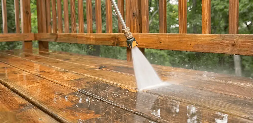 Pressure washing a wood deck to remove dirt and buildup in Dayton, OH