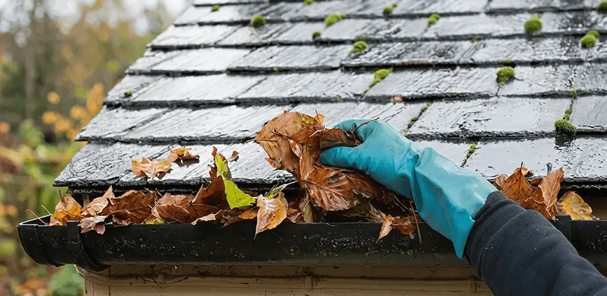 Gutter cleaning technician clearing wet leaves from roof gutters in Dayton, OH