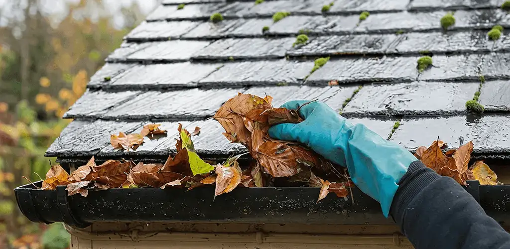 Gutter cleaning technician clearing wet leaves from roof gutters in Dayton, OH