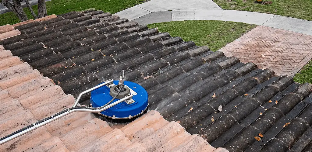 Roof pressure cleaning removing debris and buildup from roof tiles in Dayton, OH