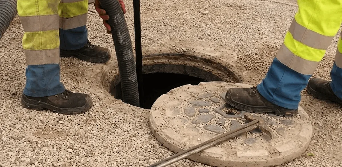 Drain cleaning crew clearing a sewer access point with professional equipment in Dayton, OH
