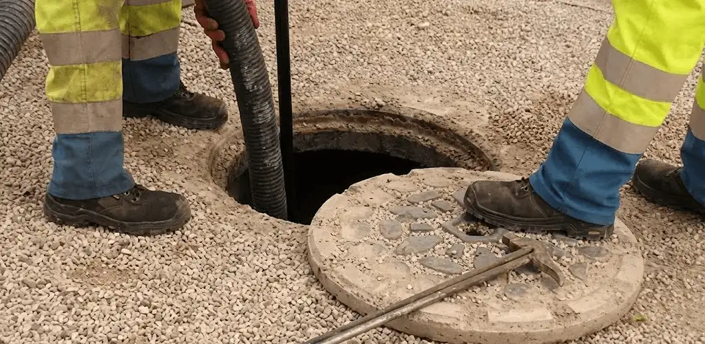 Drain cleaning crew clearing a sewer access point with professional equipment in Dayton, OH