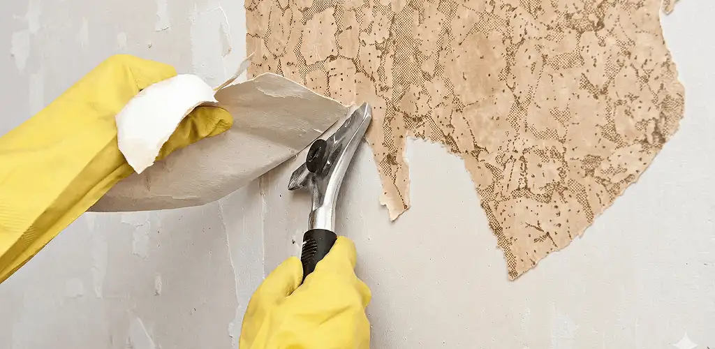 Wallpaper removal service stripping old wallpaper from a wall in Dayton, OH