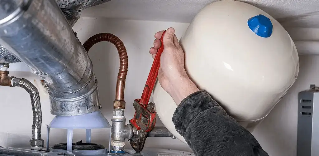Water heater repair technician tightening plumbing connections near a tank unit in Dayton, OH